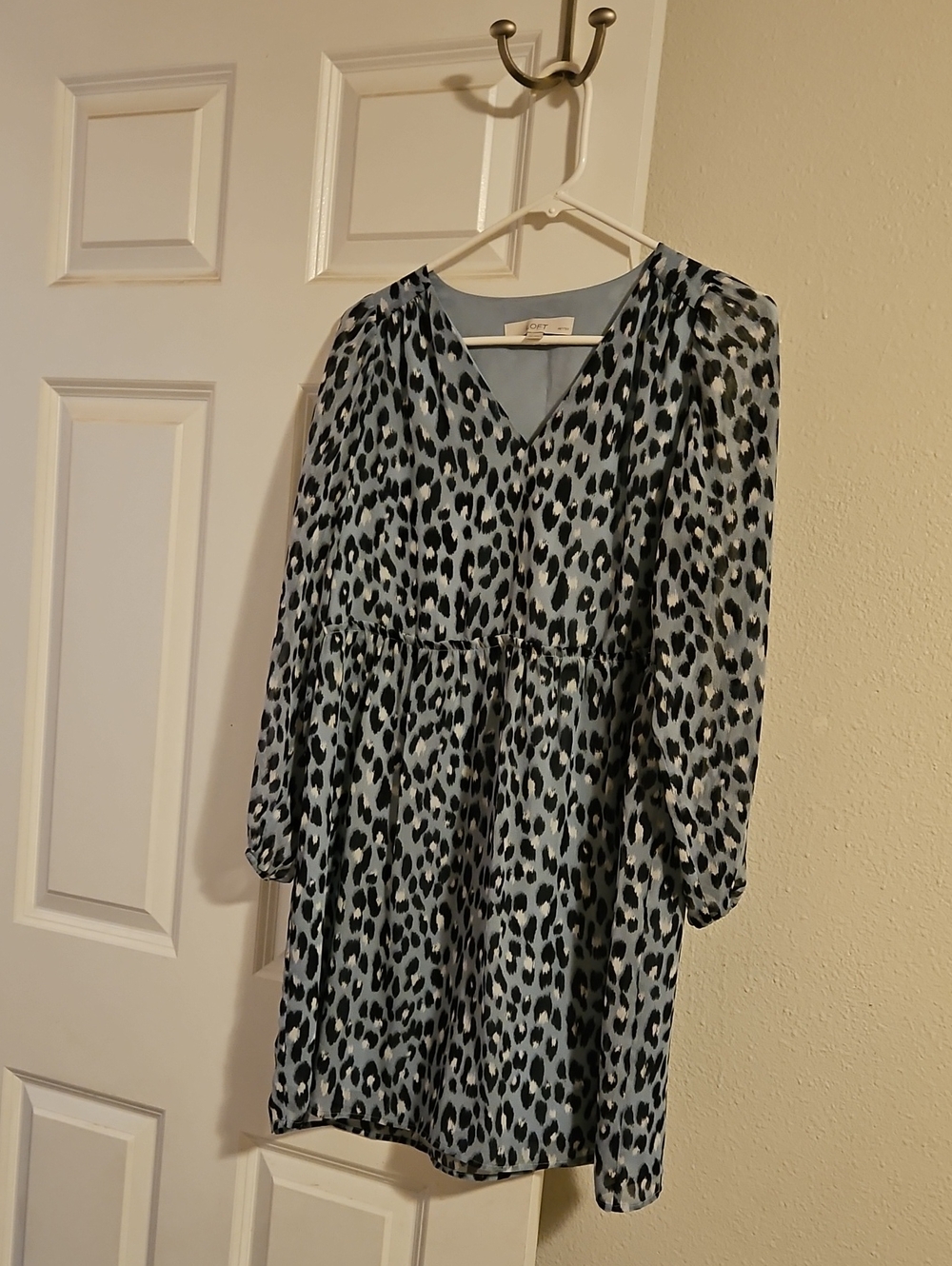 LOFT Light Blue and Black Leopard Print V-Neck Long Sleeve Dress